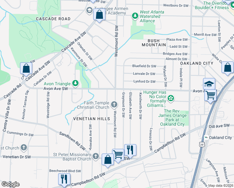 map of restaurants, bars, coffee shops, grocery stores, and more near 1231 Westmont Road Southwest in Atlanta