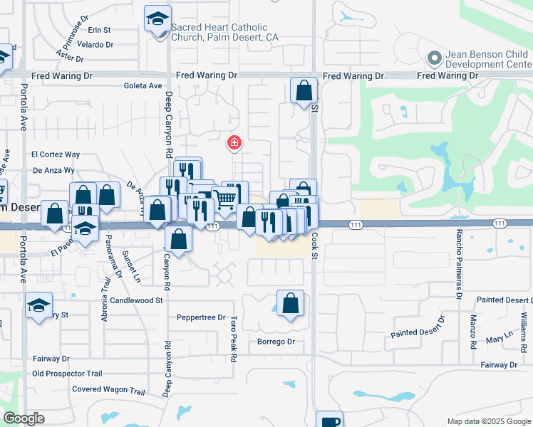 map of restaurants, bars, coffee shops, grocery stores, and more near 74-800 California 111 in Indian Wells