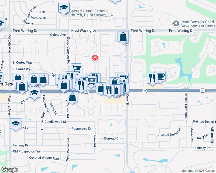 map of restaurants, bars, coffee shops, grocery stores, and more near 74-800 California 111 in Indian Wells