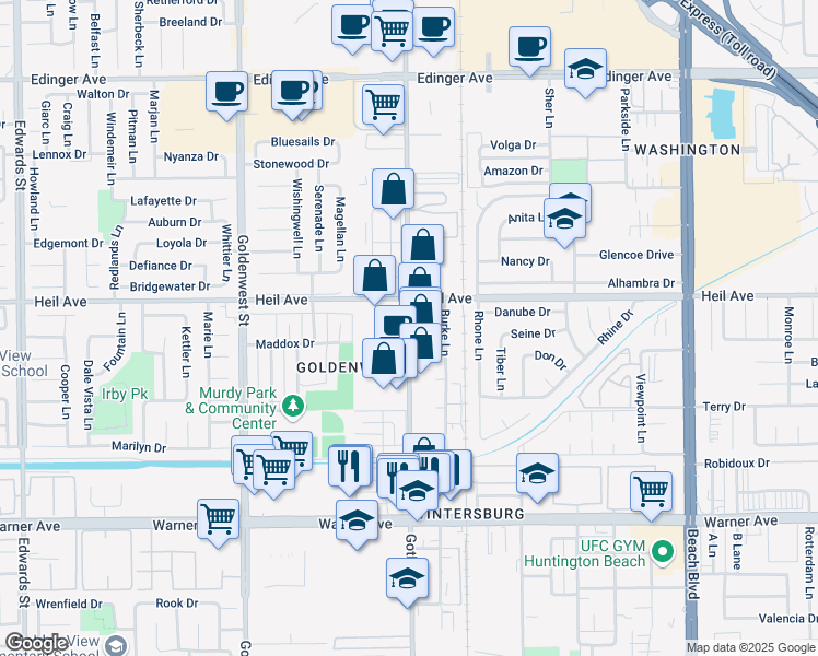 map of restaurants, bars, coffee shops, grocery stores, and more near 16579 Gothard Street in Huntington Beach
