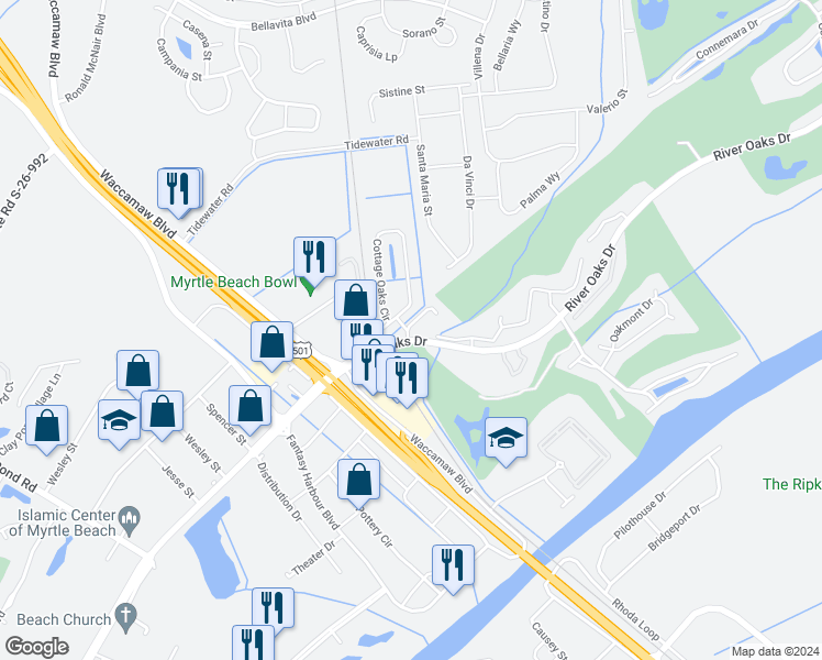 map of restaurants, bars, coffee shops, grocery stores, and more near 440 Red River Court in Myrtle Beach