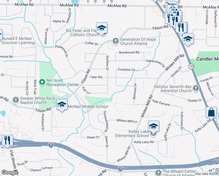 map of restaurants, bars, coffee shops, grocery stores, and more near 2325 Starline Drive in Decatur