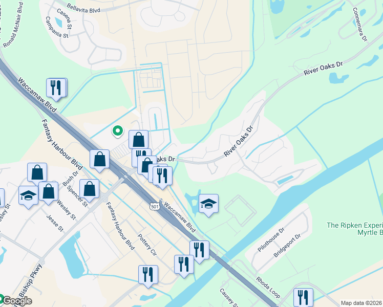 map of restaurants, bars, coffee shops, grocery stores, and more near 477 White River Drive in Myrtle Beach