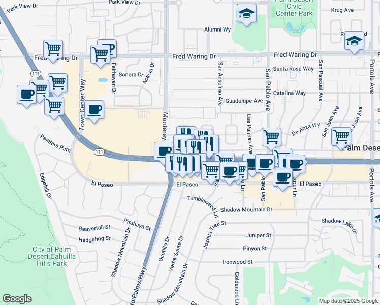 map of restaurants, bars, coffee shops, grocery stores, and more near 73098 California 111 in Palm Desert