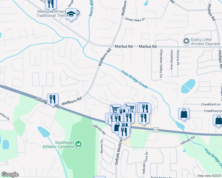 map of restaurants, bars, coffee shops, grocery stores, and more near 5926 Old Wellborn Trce in Lithonia