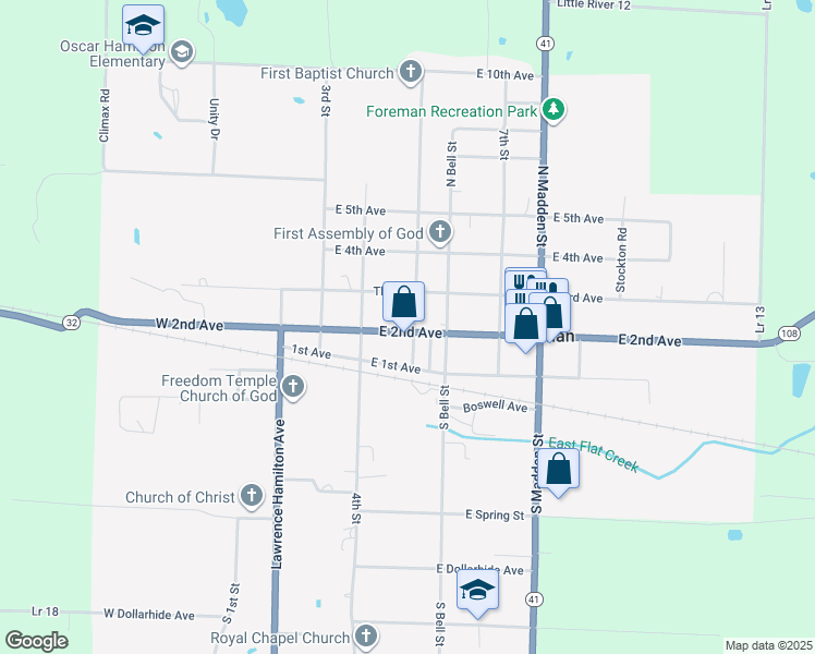 map of restaurants, bars, coffee shops, grocery stores, and more near 201 Schuman Street in Foreman