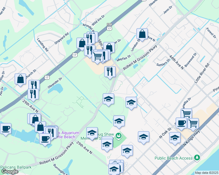 map of restaurants, bars, coffee shops, grocery stores, and more near 3445 Bristol Lane in Myrtle Beach