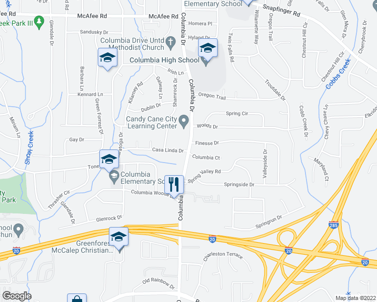map of restaurants, bars, coffee shops, grocery stores, and more near Columbia Dr & Casa Linda Dr in Decatur