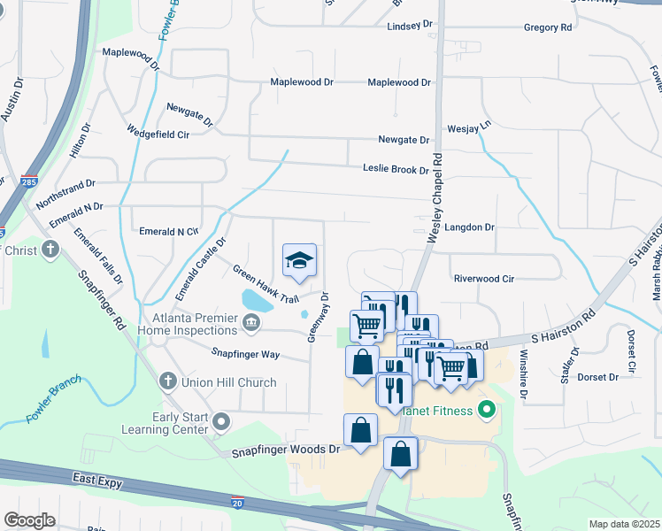 map of restaurants, bars, coffee shops, grocery stores, and more near 2274 Greenway Drive in Decatur