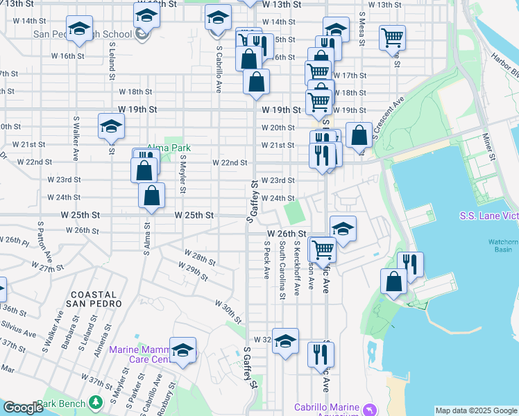 map of restaurants, bars, coffee shops, grocery stores, and more near 2424 South Gaffey Street in Los Angeles