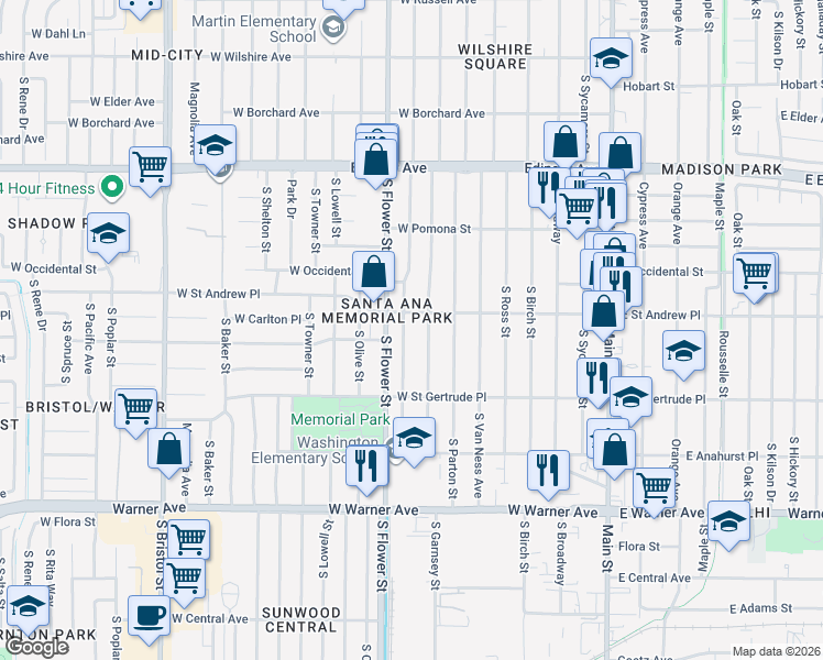 map of restaurants, bars, coffee shops, grocery stores, and more near 2030 South Woodland Place in Santa Ana