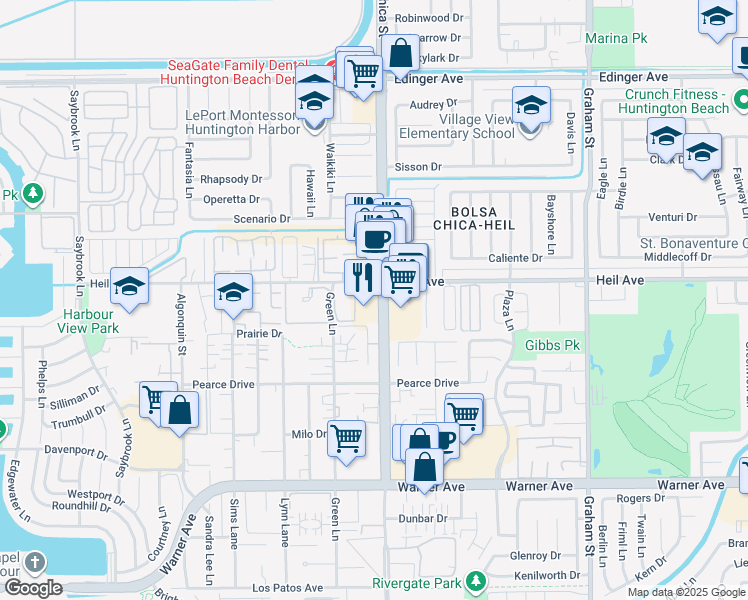 map of restaurants, bars, coffee shops, grocery stores, and more near 16561 Bolsa Chica Street in Huntington Beach