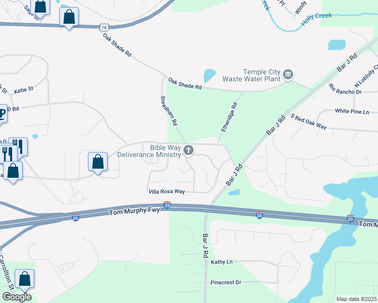 map of restaurants, bars, coffee shops, grocery stores, and more near 6 Villa Rosa Lane in Temple