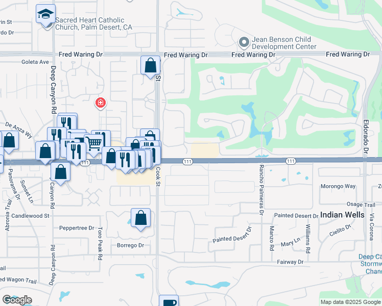 map of restaurants, bars, coffee shops, grocery stores, and more near 44980 Olympic Court in Indian Wells