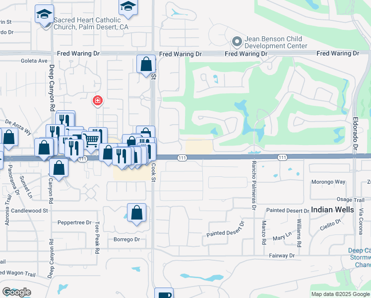 map of restaurants, bars, coffee shops, grocery stores, and more near 44980 Olympic Court in Indian Wells