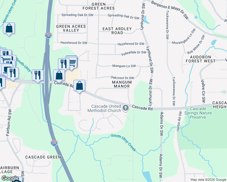 map of restaurants, bars, coffee shops, grocery stores, and more near 3215 Cascade Road in Atlanta