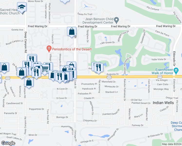 map of restaurants, bars, coffee shops, grocery stores, and more near 44980 Olympic Court in Indian Wells