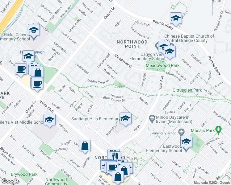 map of restaurants, bars, coffee shops, grocery stores, and more near 31 Hermosa in Irvine