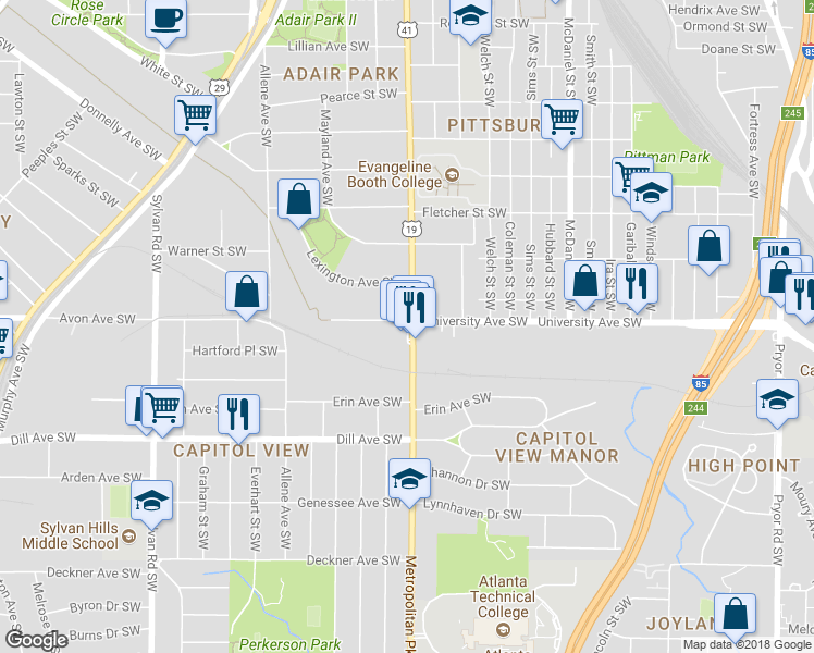 map of restaurants, bars, coffee shops, grocery stores, and more near 1219 Metropolitan Parkway Southwest in Atlanta