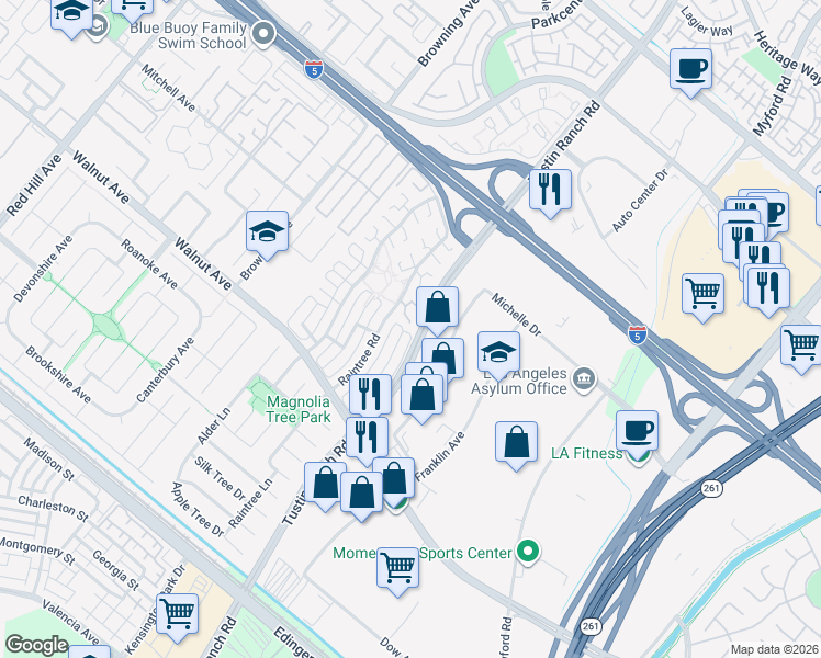 map of restaurants, bars, coffee shops, grocery stores, and more near 2352 Dahlia Drive in Tustin