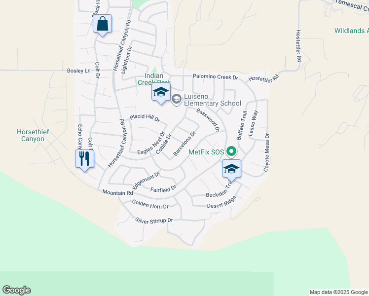 map of restaurants, bars, coffee shops, grocery stores, and more near 27394 Barcelona Drive in Corona