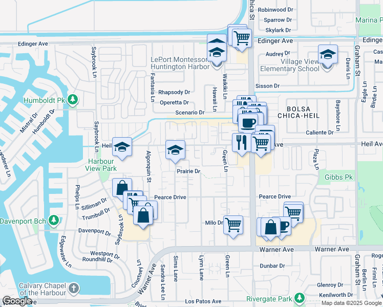 map of restaurants, bars, coffee shops, grocery stores, and more near 16501 Caballero Lane in Huntington Beach