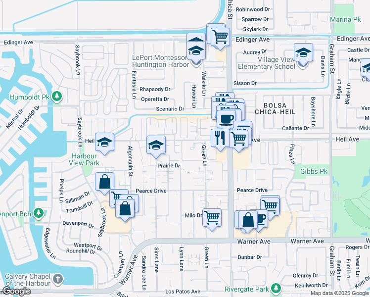 map of restaurants, bars, coffee shops, grocery stores, and more near 16512 Blackbeard Lane in Huntington Beach