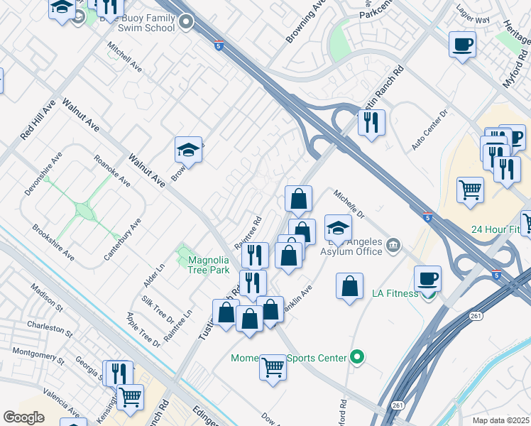 map of restaurants, bars, coffee shops, grocery stores, and more near 14272 Raintree Road in Tustin
