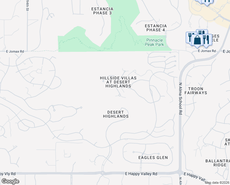 map of restaurants, bars, coffee shops, grocery stores, and more near 1150 West Happy Valley Road in Scottsdale