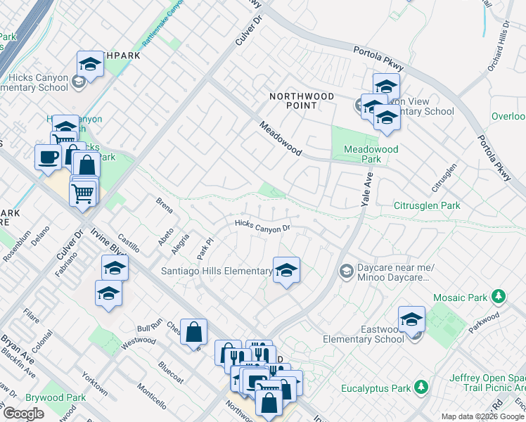 map of restaurants, bars, coffee shops, grocery stores, and more near 31 Hermosa in Irvine