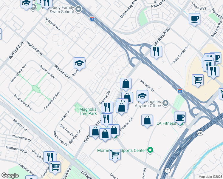 map of restaurants, bars, coffee shops, grocery stores, and more near 14322 Raintree Road in Tustin