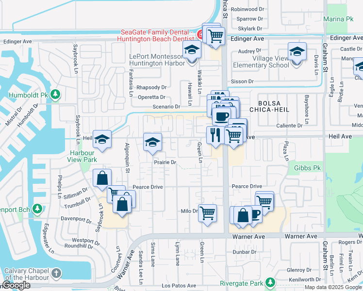 map of restaurants, bars, coffee shops, grocery stores, and more near 16512 Blackbeard Lane in Huntington Beach