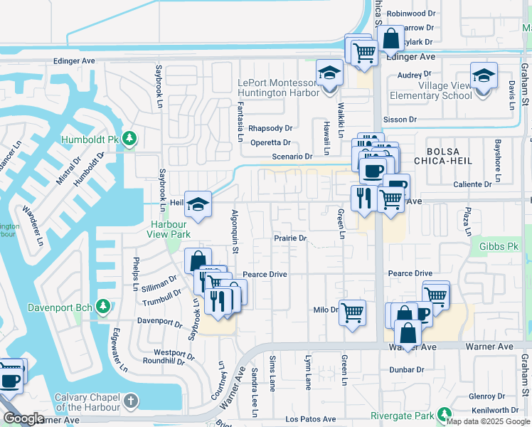 map of restaurants, bars, coffee shops, grocery stores, and more near in Huntington Beach