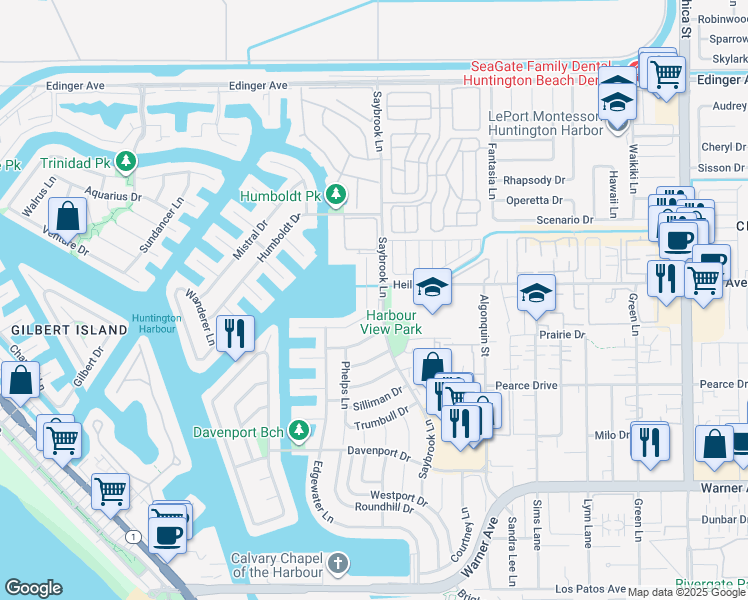map of restaurants, bars, coffee shops, grocery stores, and more near 4232 Morning Star Drive in Huntington Beach
