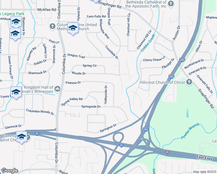 map of restaurants, bars, coffee shops, grocery stores, and more near 2295 Springside Way in Decatur