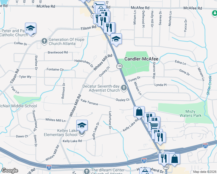 map of restaurants, bars, coffee shops, grocery stores, and more near 2311 Amber Way in Decatur