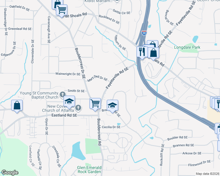 map of restaurants, bars, coffee shops, grocery stores, and more near 1196 Fayetteville Road Southeast in Atlanta