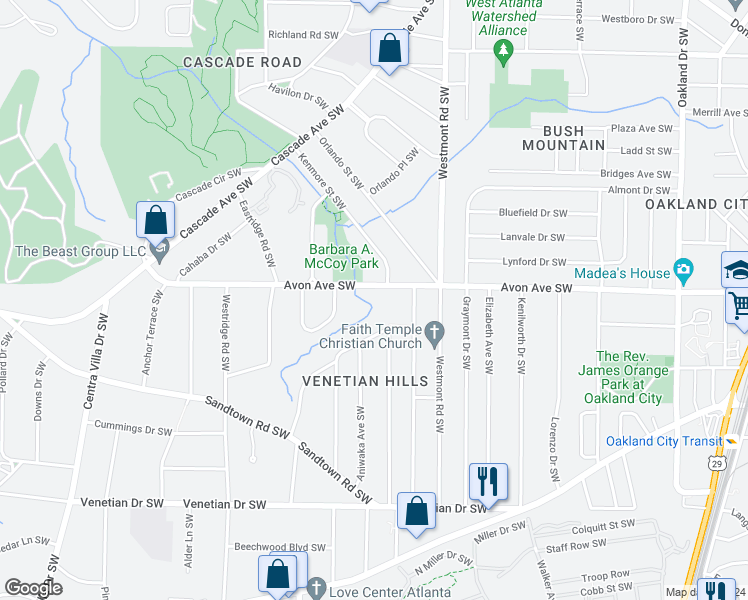 map of restaurants, bars, coffee shops, grocery stores, and more near 1251 Wichita Drive Southwest in Atlanta