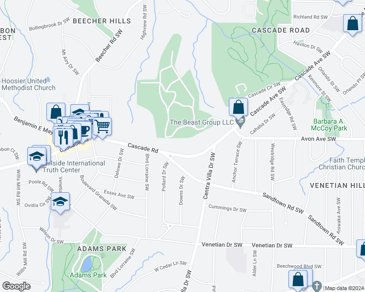 map of restaurants, bars, coffee shops, grocery stores, and more near 2025 Cascade Road in Atlanta