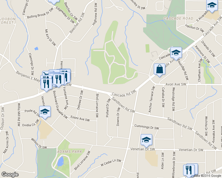 map of restaurants, bars, coffee shops, grocery stores, and more near 2089 Cascade Road Southwest in Atlanta