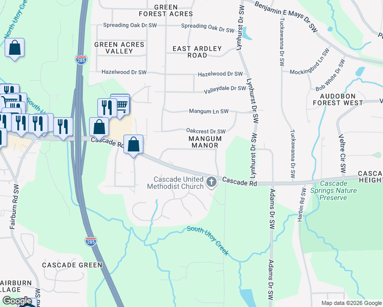 map of restaurants, bars, coffee shops, grocery stores, and more near 3215 Cascade Road in Atlanta
