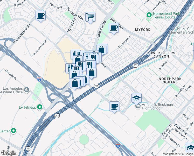 map of restaurants, bars, coffee shops, grocery stores, and more near 3000 Marketplace in Irvine