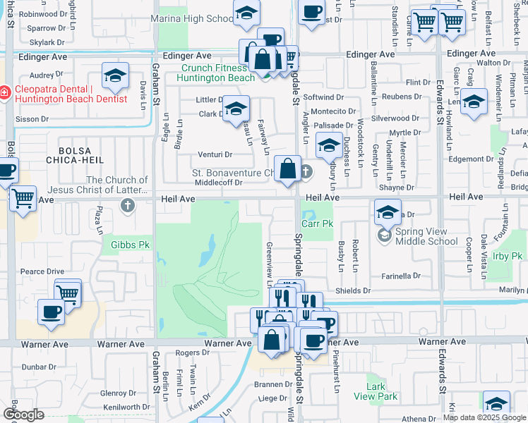 map of restaurants, bars, coffee shops, grocery stores, and more near 16542 Los Verdes Lane in Huntington Beach