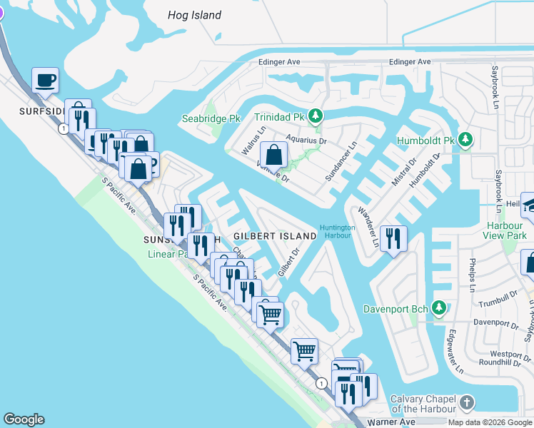 map of restaurants, bars, coffee shops, grocery stores, and more near 16502 Mariana Circle in Huntington Beach