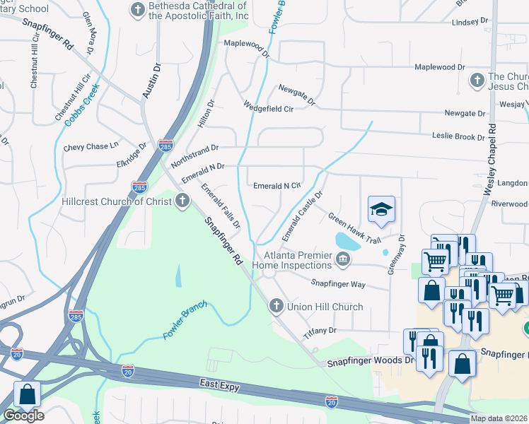 map of restaurants, bars, coffee shops, grocery stores, and more near 2283 Emerald Springs Drive in Decatur