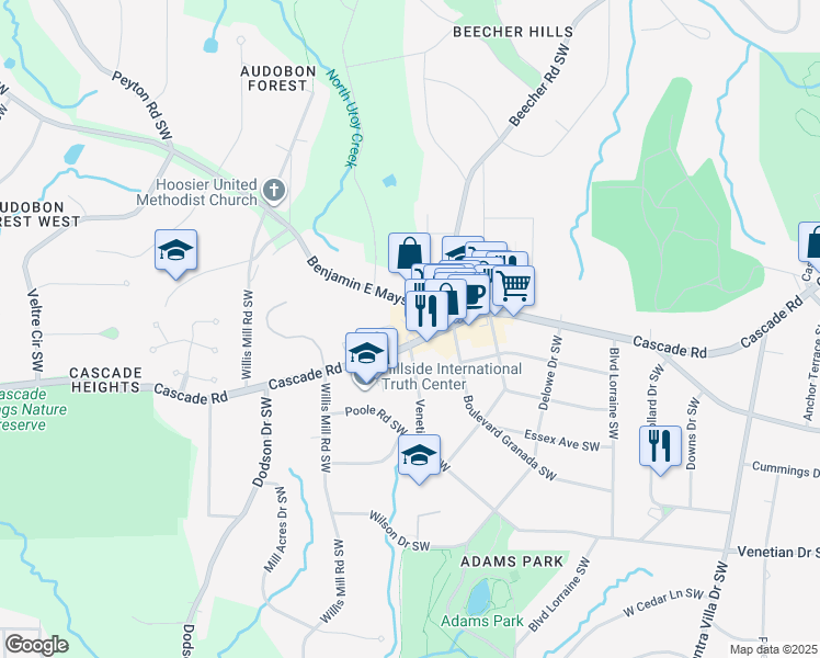 map of restaurants, bars, coffee shops, grocery stores, and more near 2407 Cascade Road in Atlanta