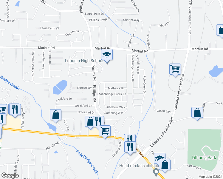 map of restaurants, bars, coffee shops, grocery stores, and more near 6231 Mathews Drive in Lithonia