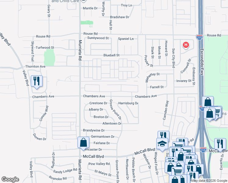 map of restaurants, bars, coffee shops, grocery stores, and more near 26483 Desert Rose Lane in Menifee