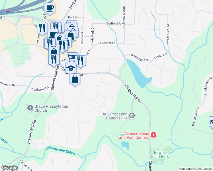 map of restaurants, bars, coffee shops, grocery stores, and more near 4645 Fox Hollow Court in Douglasville