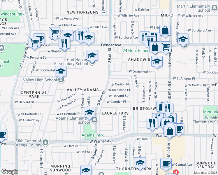 map of restaurants, bars, coffee shops, grocery stores, and more near 1838 South Artesia Street in Santa Ana